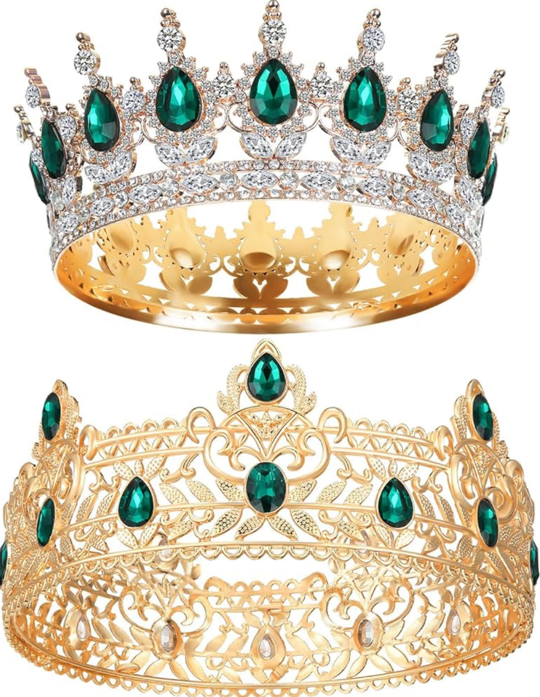 2 Stuks Prom Koning en Koningin Kroon vir Mans Vroue Koning Koningin Kroon Tiara met Strass vir Trou Verjaarsdag Grad (Groen Goud, Groen Styl)
