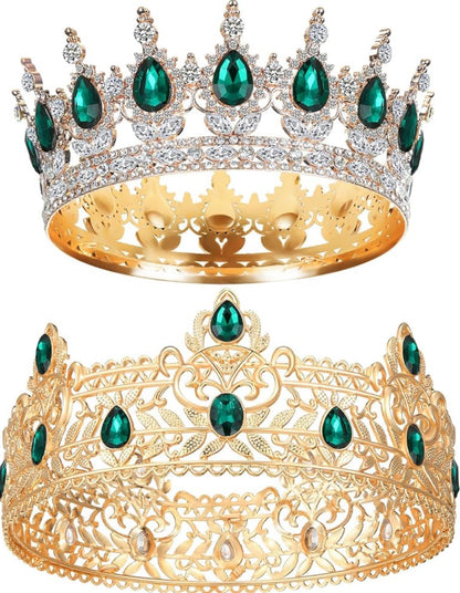 2 Stuks Prom Koning en Koningin Kroon vir Mans Vroue Koning Koningin Kroon Tiara met Strass vir Trou Verjaarsdag Grad (Groen Goud, Groen Styl)