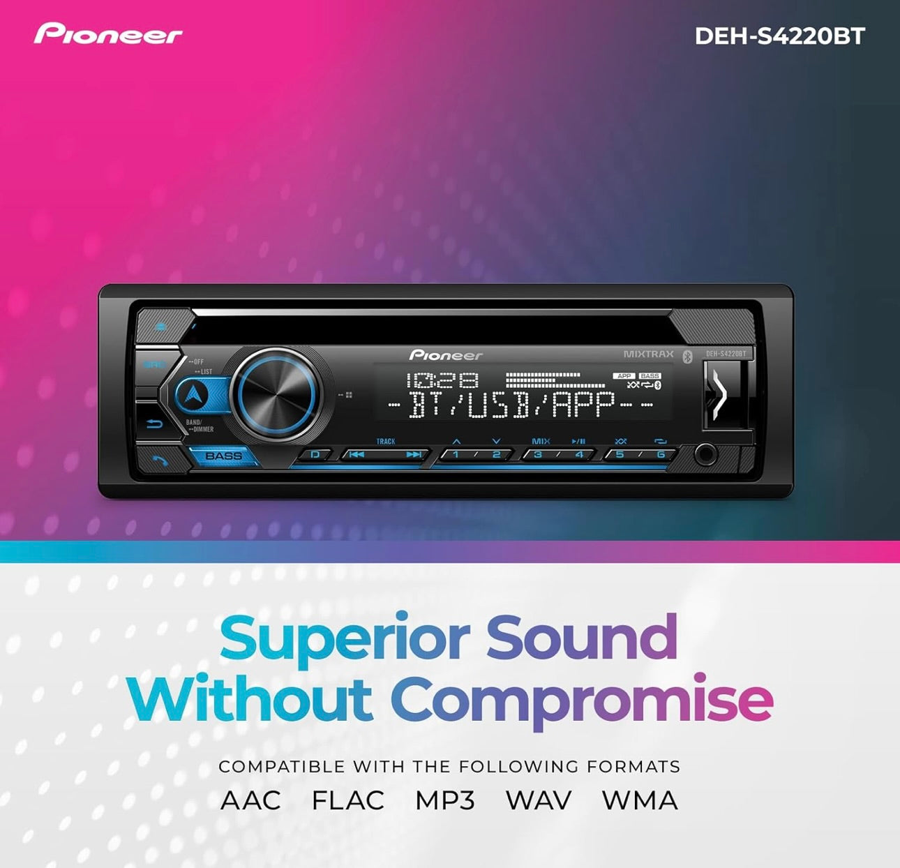 Pioneer DEH-S4220BT Enkel-Din Bluetooth CD Ontvanger met USB/AUX Insette, Pioneer Smart Sync, en Handvrye Oproepe vir Verbeterde Klankervaring in die Motor