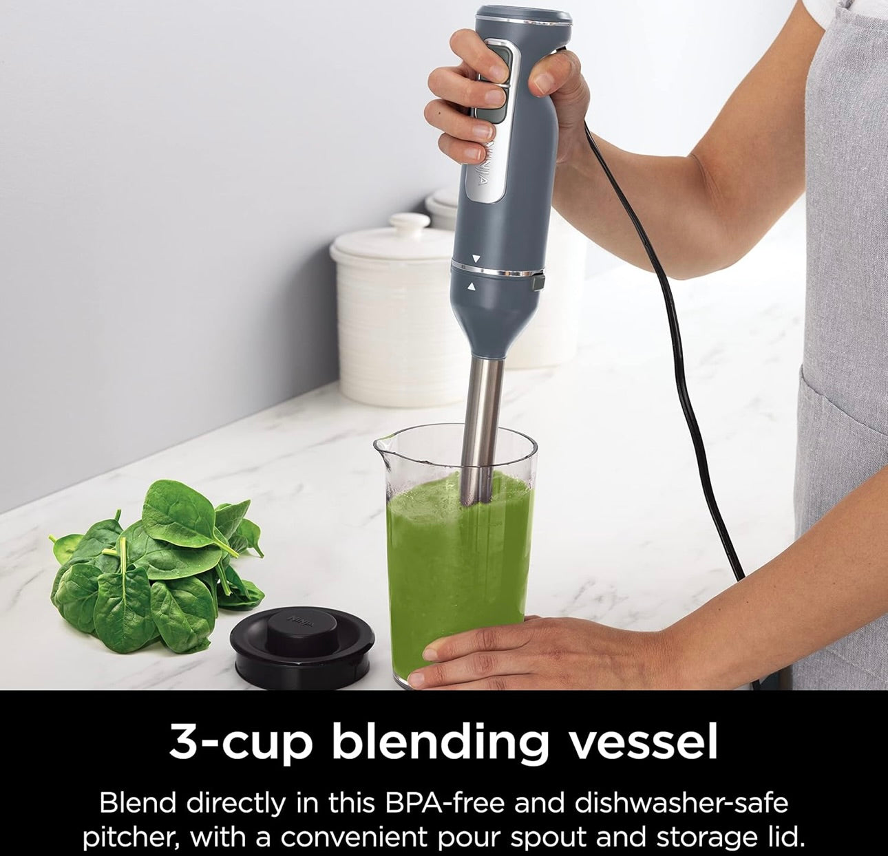 Ninja CI105BRN Foodi Power Mixer System, 750-Peak-Watt Immersion Blender and Hand Mixer - Sea Salt Gray