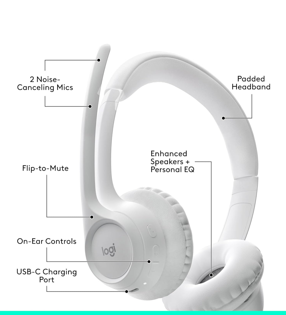 Logitech Zone 300 Draadlose Bluetooth Headset met Geraasonderdrukkende Mikrofoon, Versoenbaar met Windows, Mac, Chrome, Linux, iOS, iPadOS, Android – Off-White