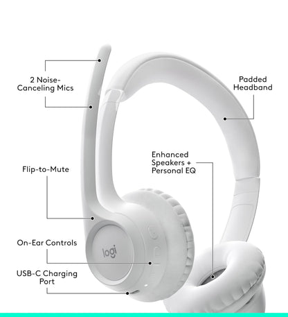 Logitech Zone 300 Draadlose Bluetooth Headset met Geraasonderdrukkende Mikrofoon, Versoenbaar met Windows, Mac, Chrome, Linux, iOS, iPadOS, Android – Off-White