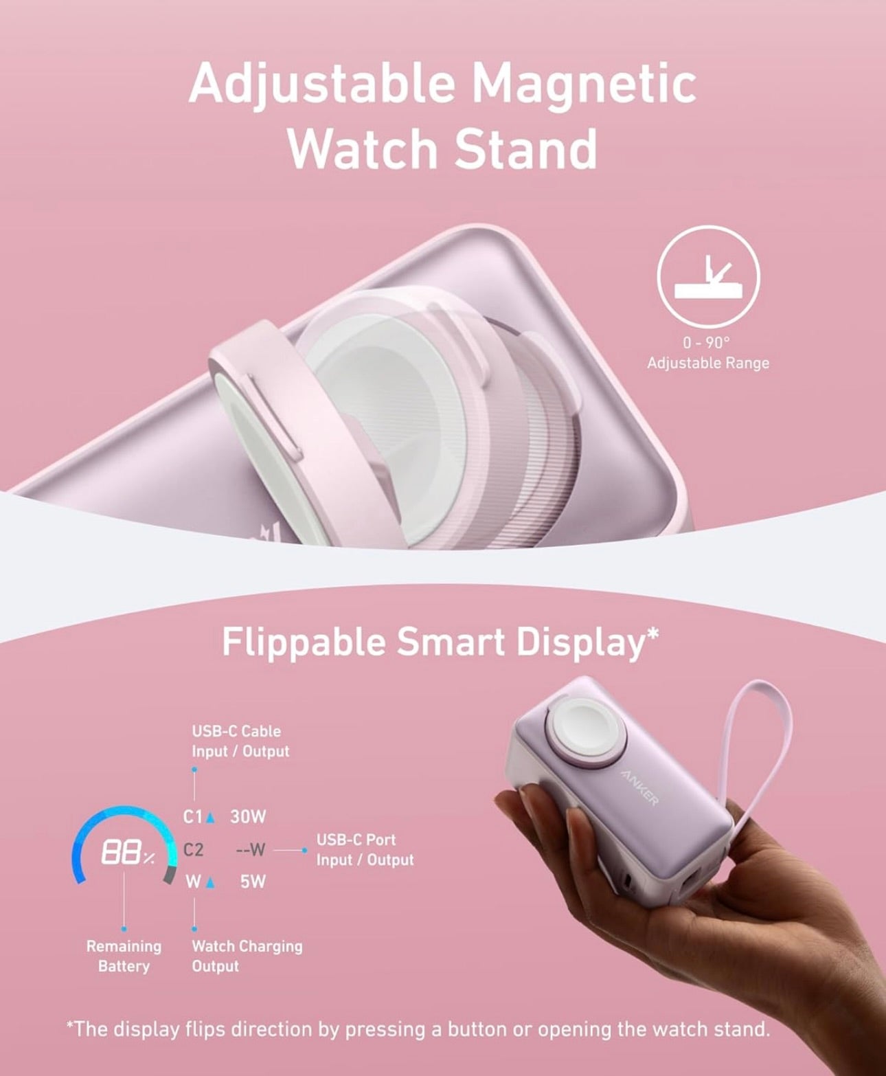 Anker MagGo Power Bank for Apple Watch, Officially Certified, 10,000 mAh Compact Battery - Pink