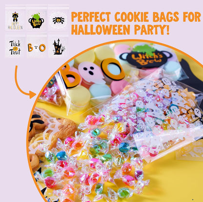 JOYIN 150 Stuks Halloween Sellofaan Behandelingsakkies, Selfklevende Deursigtige Koekie- en Lekkergoedhouers vir Kinders se Snuffel of Behandeling, Klein Geskenk-sluitsakkies in Grootmaat vir Halloween-partytjie-gunste in 6 Ontwerpe