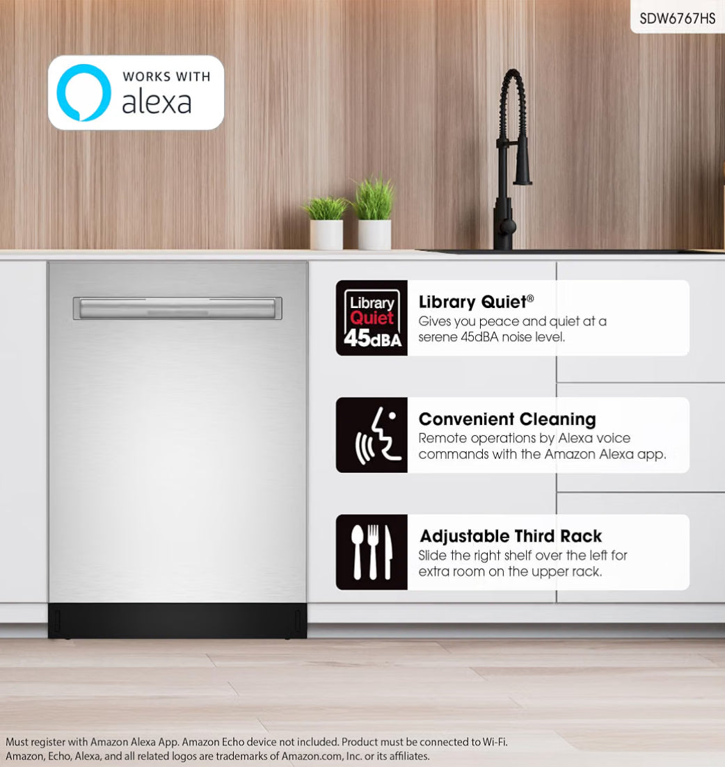 SHARP SDW6767HS Smart Dishwasher Works with Alexa. Includes LED Interior lights, Stainless Steel interior, Heated Dry with Fan Assist, Wash Zone cleans half load on either rack, Adjustable Third Rack