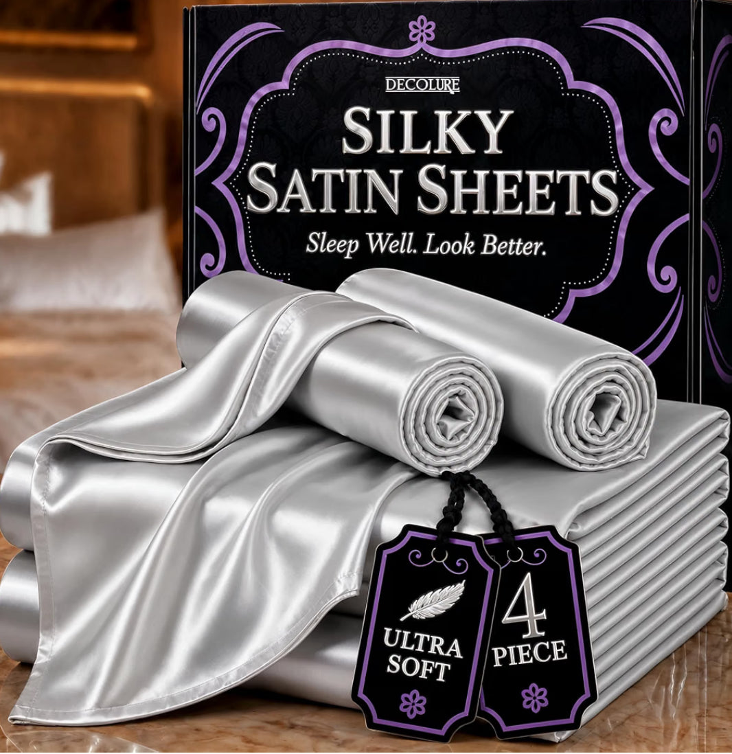 DECOLURE Satin Bed Sheets - 4 Piece Luxury Silky Queen Size Bedding Set - Softer Than Silk, Wrinkle-Free with 15” Deep Pocket Fitted Sheet, Perfect for Hair & Skin, Gifts for Women (Grey)