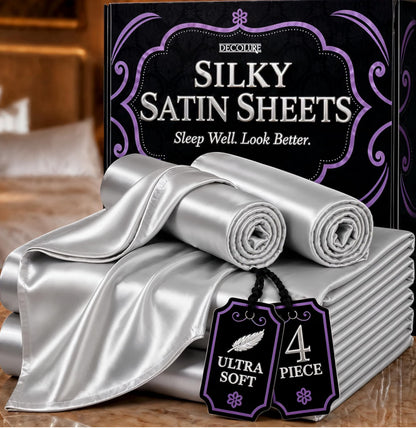 DECOLURE Satin Bed Sheets - 4 Piece Luxury Silky Queen Size Bedding Set - Softer Than Silk, Wrinkle-Free with 15” Deep Pocket Fitted Sheet, Perfect for Hair & Skin, Gifts for Women (Grey)
