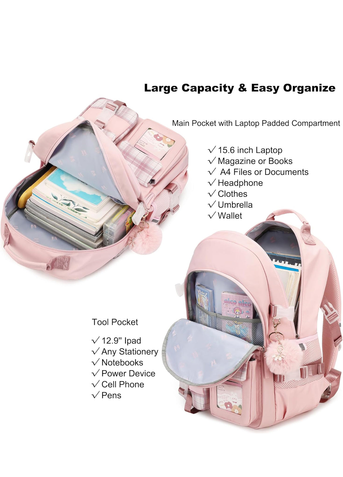 Backpack for Girls, 15.6 Inch Laptop School Bag Kids Kindergarten Elementary College Backpacks Large Bookbags for Teen Girl Women Students Casual Travel Daypacks (Pink)