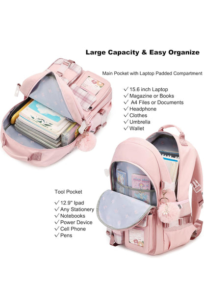 Backpack for Girls, 15.6 Inch Laptop School Bag Kids Kindergarten Elementary College Backpacks Large Bookbags for Teen Girl Women Students Casual Travel Daypacks (Pink)