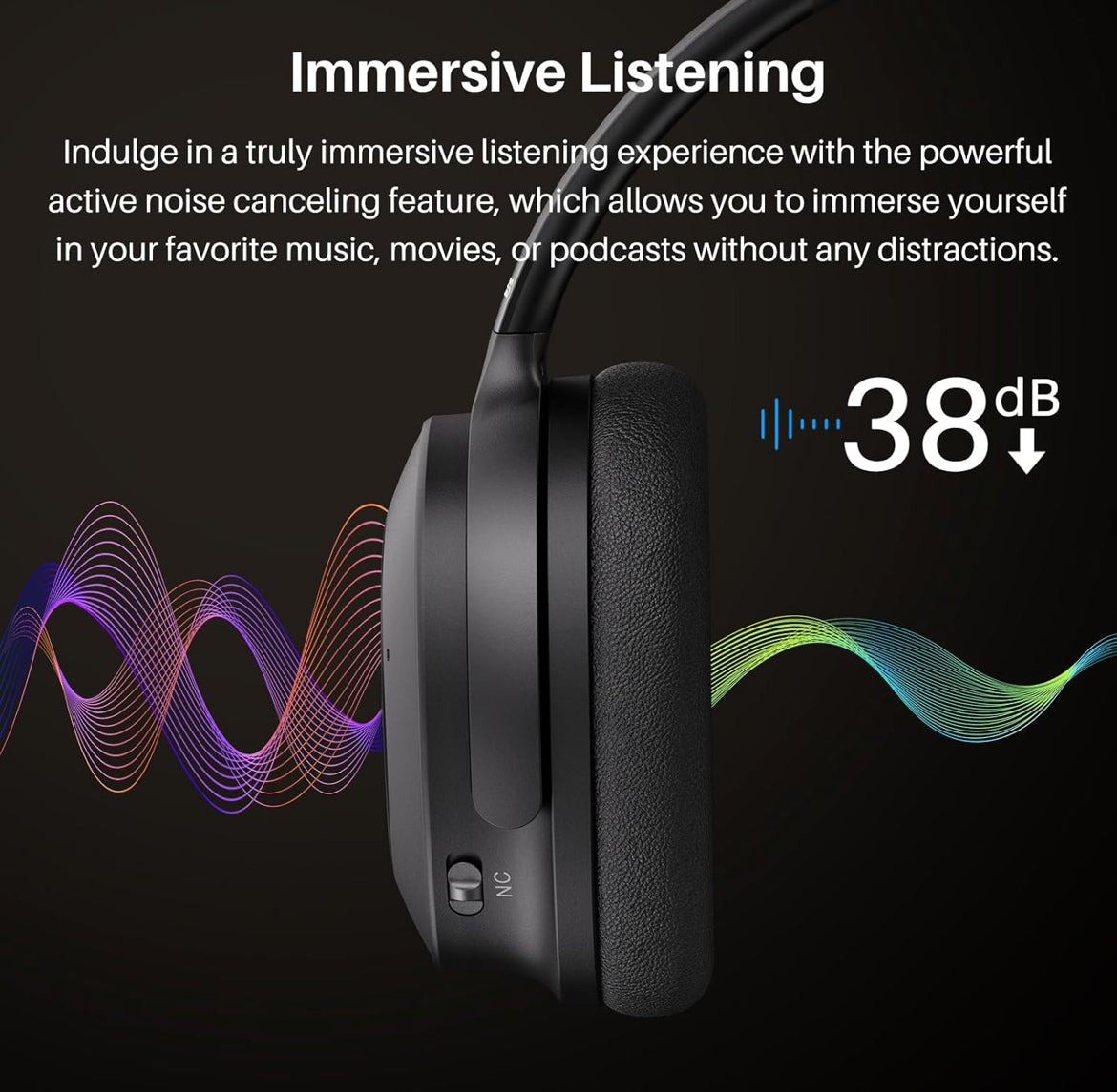 Hybrid Active Noise Cancelling Headphones, Wireless Over Ear Bluetooth, 40H Playtime, Hi-Res Audio Custom EQ, Comfort Fit Ear Cups (Black)