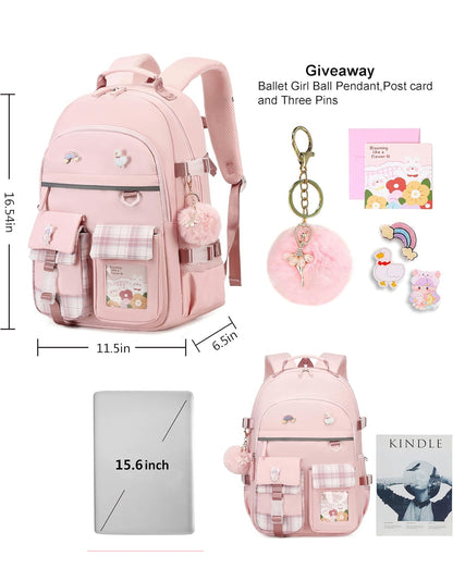 Backpack for Girls, 15.6 Inch Laptop School Bag Kids Kindergarten Elementary College Backpacks Large Bookbags for Teen Girl Women Students Casual Travel Daypacks (Pink)