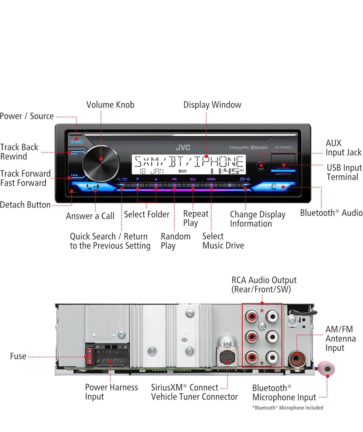 JVC KD-X38MBS Car & Marine Digital Media Receiver with Bluetooth, USB, SiriusXM Ready, Compatible with Amazon Alexa, Conformal Coated PCB