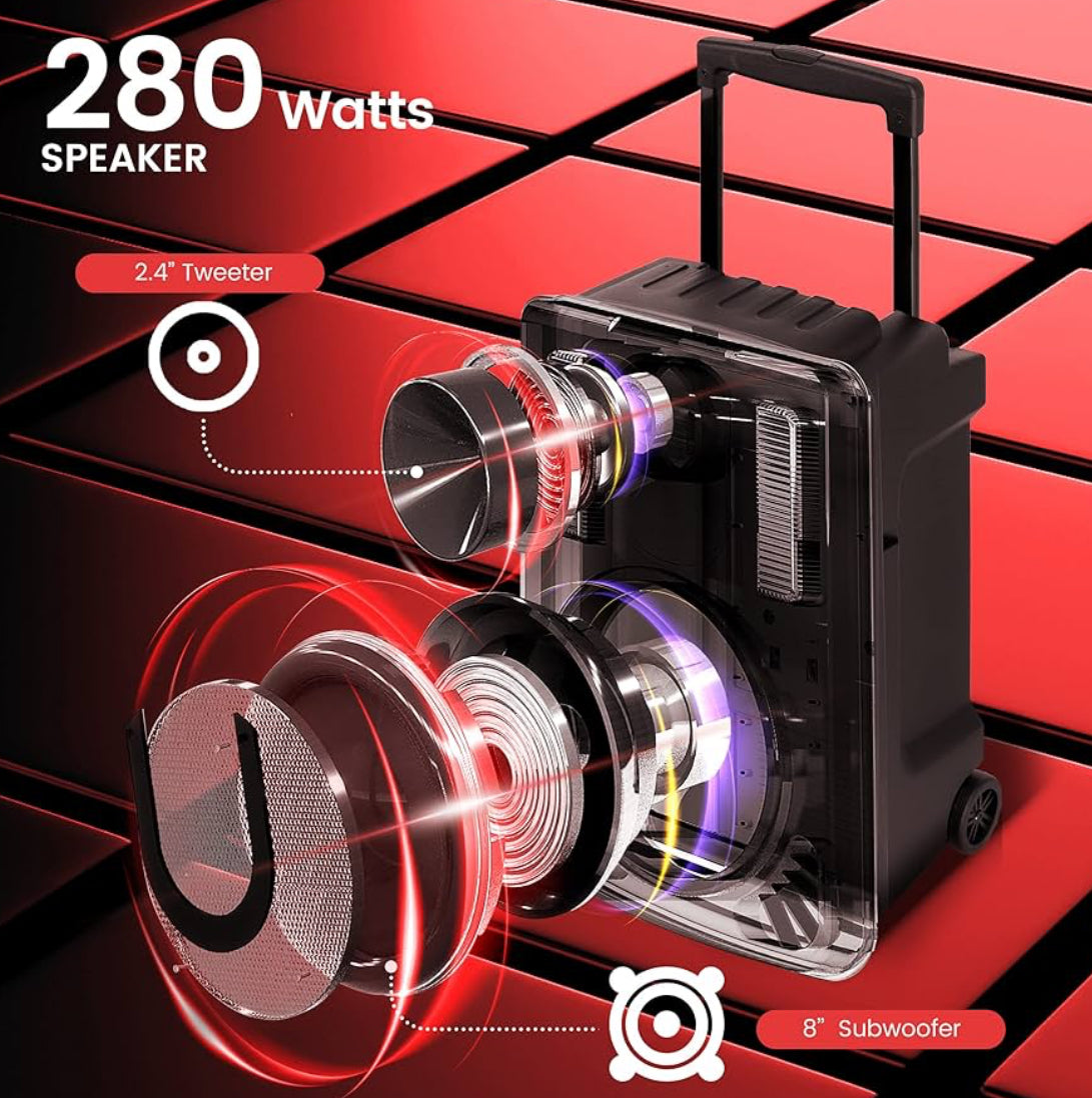 Portable 8 Inches PA Speaker System - Wireless BT Streaming & Karaoke Party Two Wireless Mic, Wired Microphone, Tablet Stand, Flashing Party Lights, MP3/USB//FM Radio