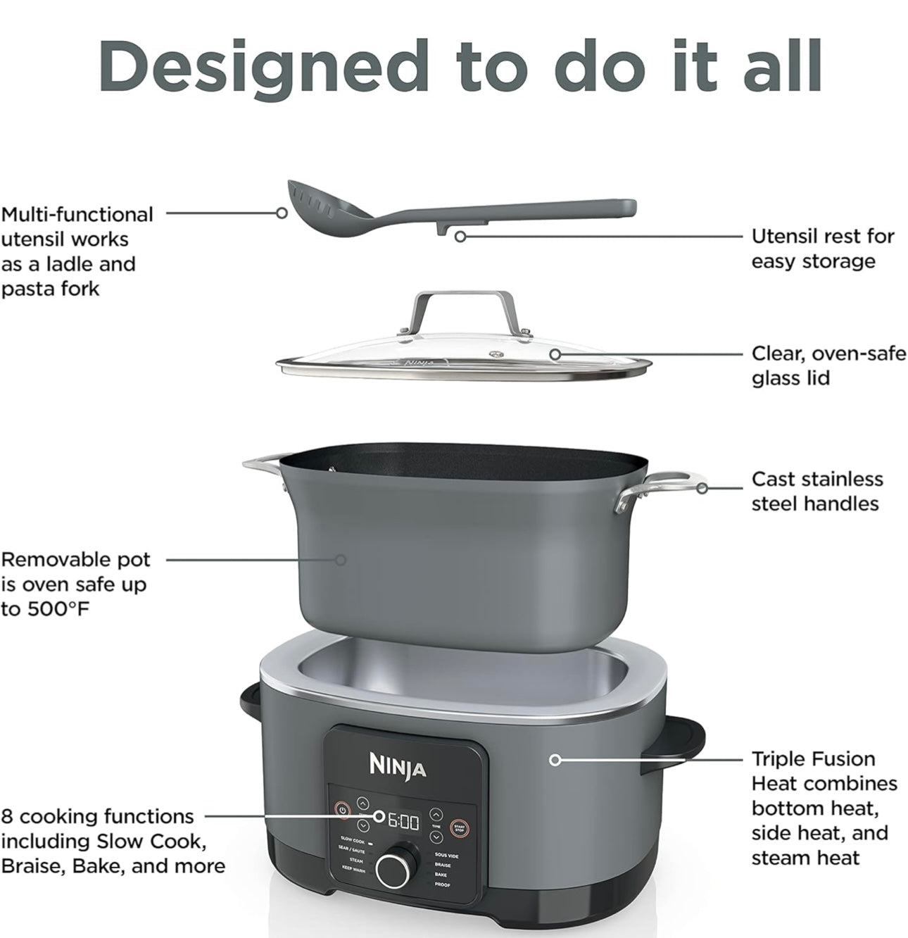 Ninja MC1001 Foodi PossibleCooker PRO 8.5 Kwart Veelvuldige-Koker, met 8-in-1 Stadige Koker, Nederlanderpot, Stoompot, Glasdeksel Geïntegreerde Lepel, Kleefvry, Oondvaste Pot tot 260°C, Seesoutgrys