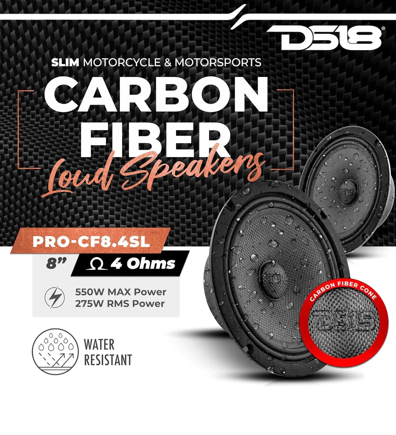 DS18 PRO-CF8.4SL 8" Shallow Carbon Fiber Water Resistant Cone Mid-Bass Speaker - NEW