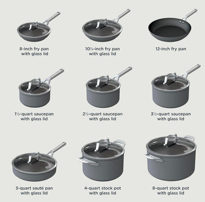 Ninja Cookware, Ninja NeverStick Professional, 16-Stuk Pot- en Panstel, Kleefvrye Braaipanne, Kombuisbenodigdhede, Voorraadpot, Kookpot, Glasdeksels, Soteerpan, Alle Stoofplate, Swart, C39900