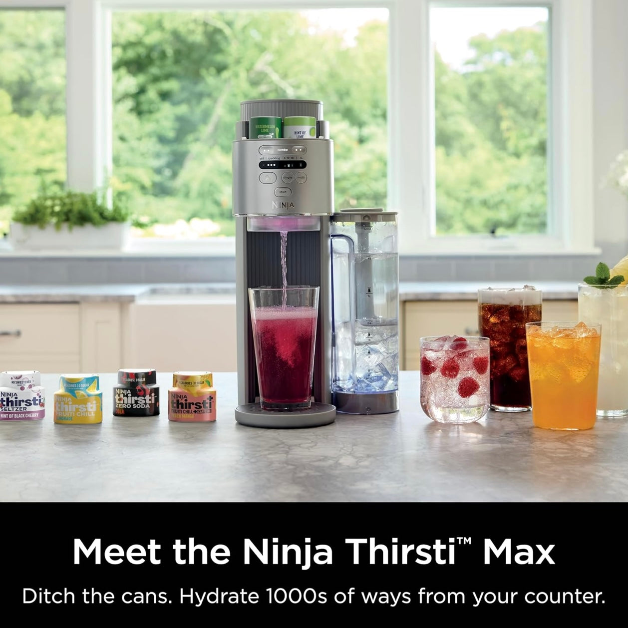 Ninja Thirsti Max Custom Hydration System, Soda Maker, Sparkling Water Maker, Custom Still & Sparkling Drinks, Compact Design, With 60L CO₂ Cylinder & Flavored Water Drops - Silver