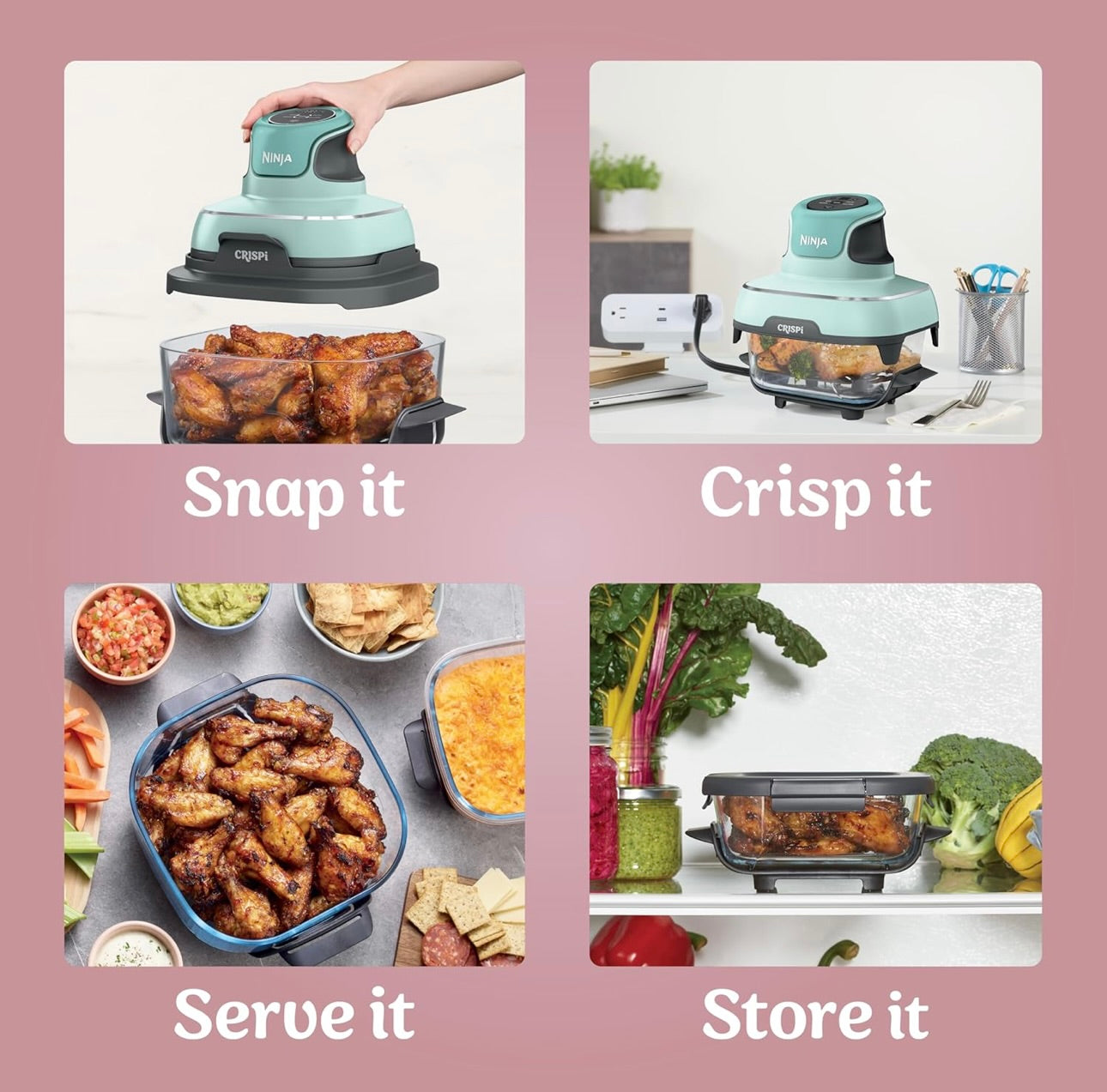 Ninja Crispi 4-in-1 Portable Glass Air Fryer Cooking System, 4 QT & 6 Cup Glass Containers with Storage Lids- Pink, FN101PK