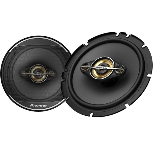 Pioneer TS-A1681F, 4-rigting koaksiale klankluidsprekers vir motors, volle omvang, helder klankgehalte, maklike installasie en verbeterde basrespons, swart- en goudkleurige 6.5”-ronde luidsprekers