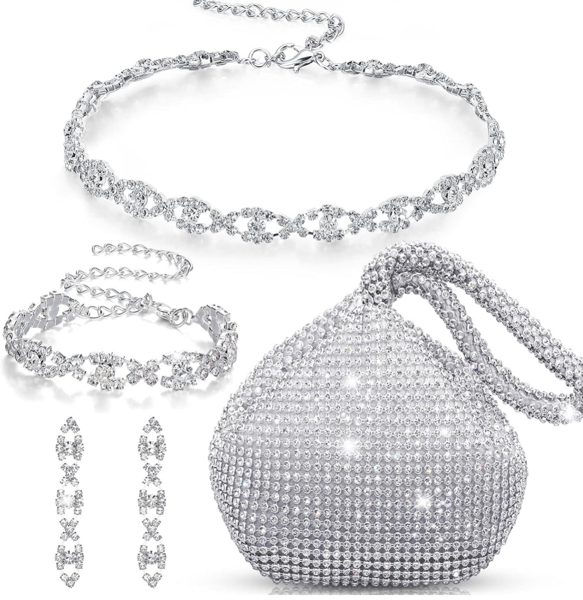 4 Stuks Strass-halsband Choker Armband Oorring Koppelaars Juwelestel Vroue Kristal Driehoek Bling Diamant Beursie Strass-sak vir Trouparty