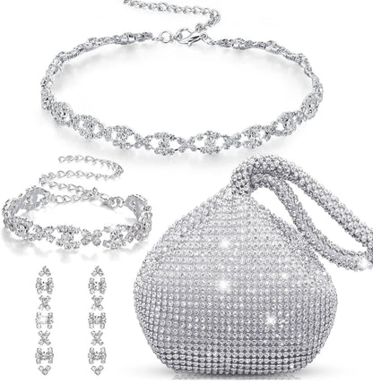 4 Stuks Strass-halsband Choker Armband Oorring Koppelaars Juwelestel Vroue Kristal Driehoek Bling Diamant Beursie Strass-sak vir Trouparty