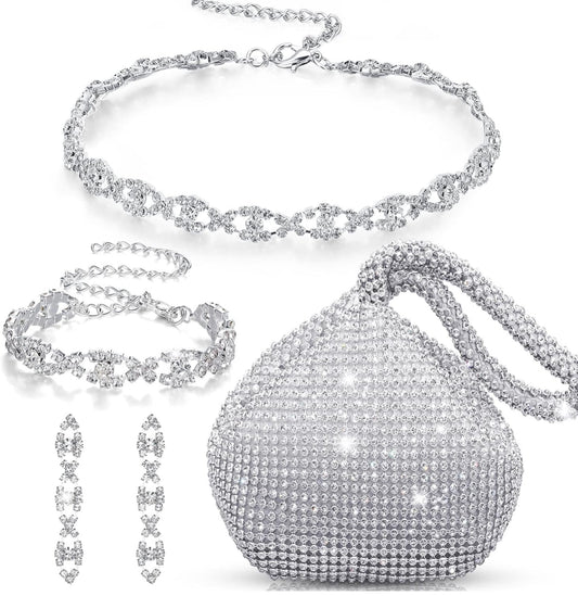 4 Stuks Strass-halsband Choker Armband Oorring Koppelaars Juwelestel Vroue Kristal Driehoek Bling Diamant Beursie Strass-sak vir Trouparty