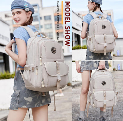 College Backpack, Travel Laptop Backpacks, Large Kids School Bag for Teens Girls Boys Students Bookbag Fit for 15.6 Inch Computer Waterproof Business Work Back Pack for Women Men Daypack Beige