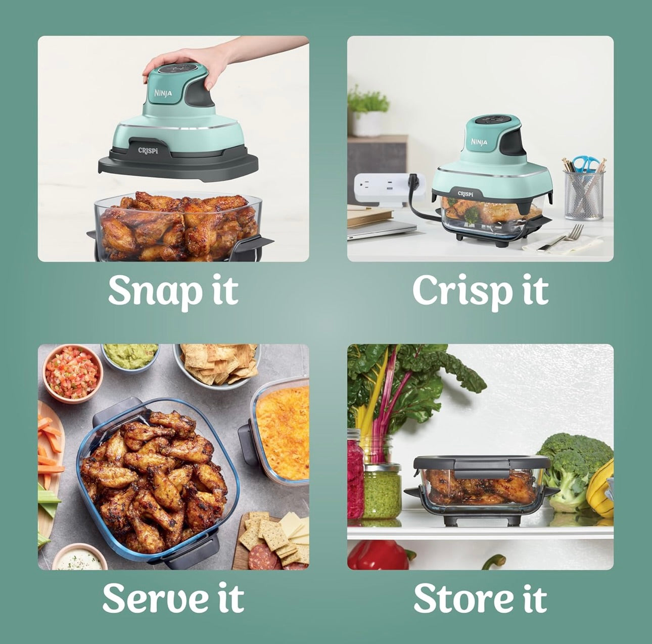 Ninja Crispi 4-in-1 Portable Glass Air Fryer Cooking System, 4 QT & 6 Cup Glass Containers with Storage Lids - Mint, FN101MT