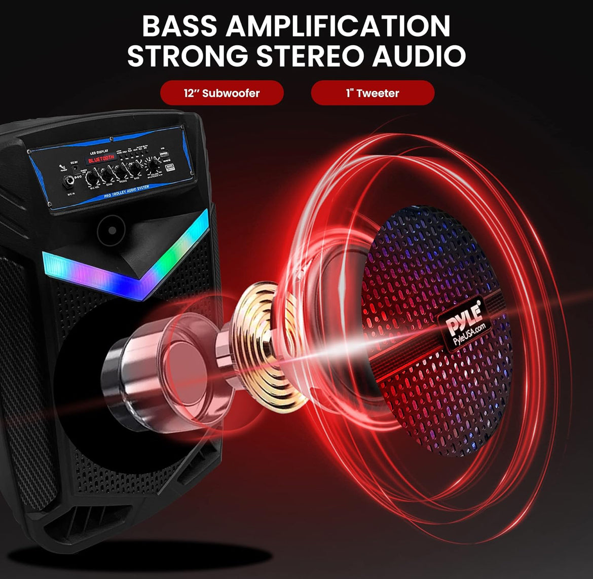 Rechargeable Portable Bluetooth 800W Outdoor Bluetooth Speaker PA System w/ 12” Subwoofer 1” Tweeter, Recording Function, Mic In Party Lights USB/SD Radio