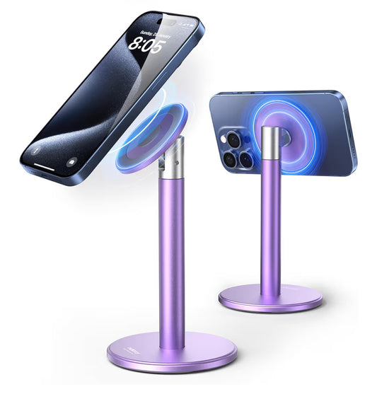 Magnetic Fully Aluminum Phone Stand, 360 Rotating for Desk w/ Metal Ring, Adjustable Holder with MagSafe Case - Purple
