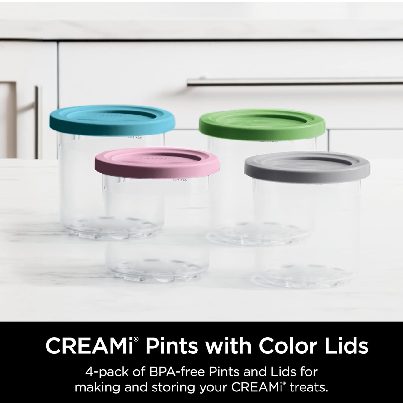 Ninja Creami Pints 4-pak, versoenbaar met NC299AMZ & NC300s Reeks Creami-roomysmakers, egte Ninja Pint, BPA-vry en skottelgoedwasser-veilig, kleurdeksels, deurskynend/grys/lemmetjie/pienk/aqua, XSKPLD4BCD