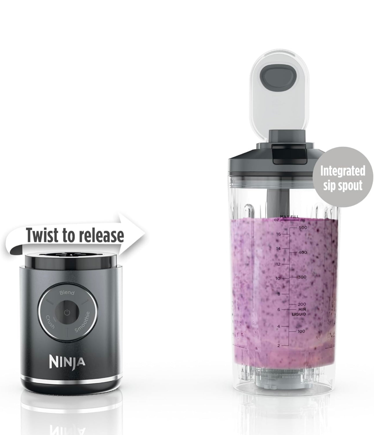 Ninja Blast Max, Portable & Personal Blender + Twist & Go, Smoothie, Blend, Ice Crush, 3 Programs, Cordless, 22 oz - GREY, BC251GY
