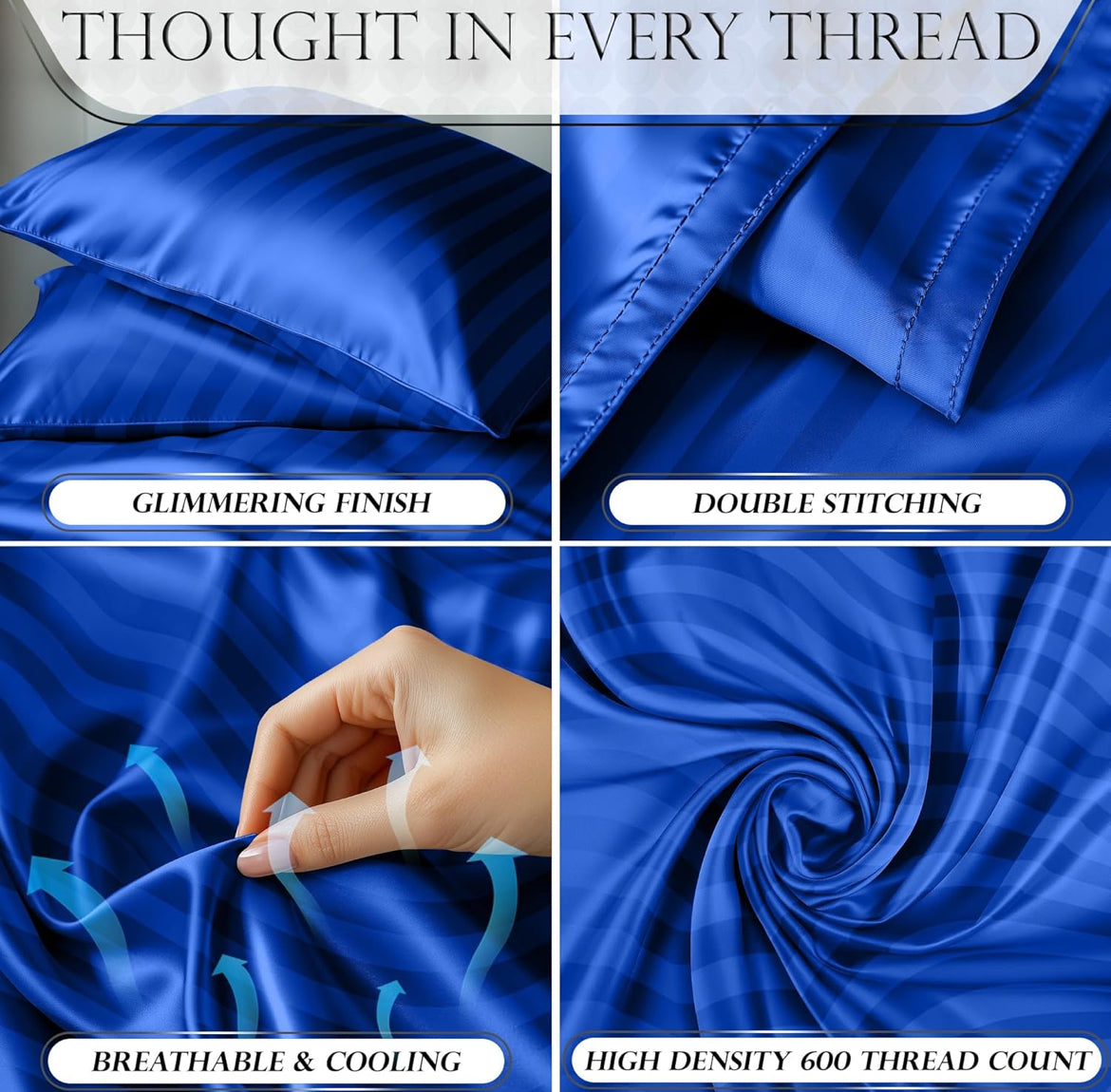 DECOLURE Satin Bed Sheets - 4 Piece Luxury Silky Queen Size Bedding Set - Softer Than Silk, Wrinkle-Free with 15” Deep Pocket Fitted Sheet, Perfect for Hair & Skin, Gifts for Women (Striped Blue)