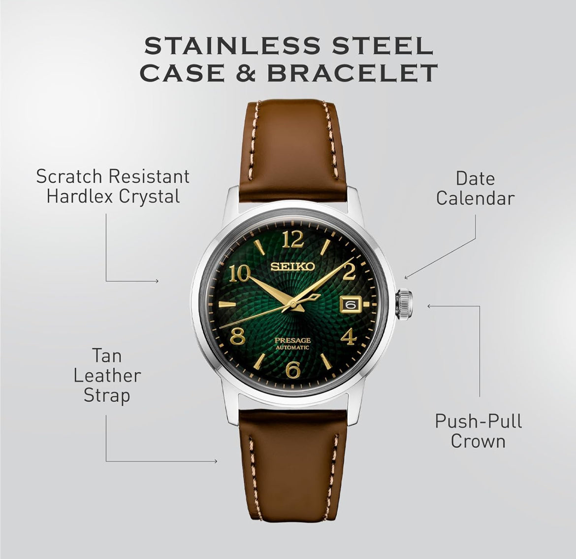 SEIKO Outomatiese Horlosie vir Mans - Presage Cocktail Time - Patroon met Goue Syfers en Datumkalender, 50m Waterbestand