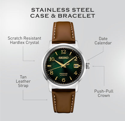 SEIKO Outomatiese Horlosie vir Mans - Presage Cocktail Time - Patroon met Goue Syfers en Datumkalender, 50m Waterbestand