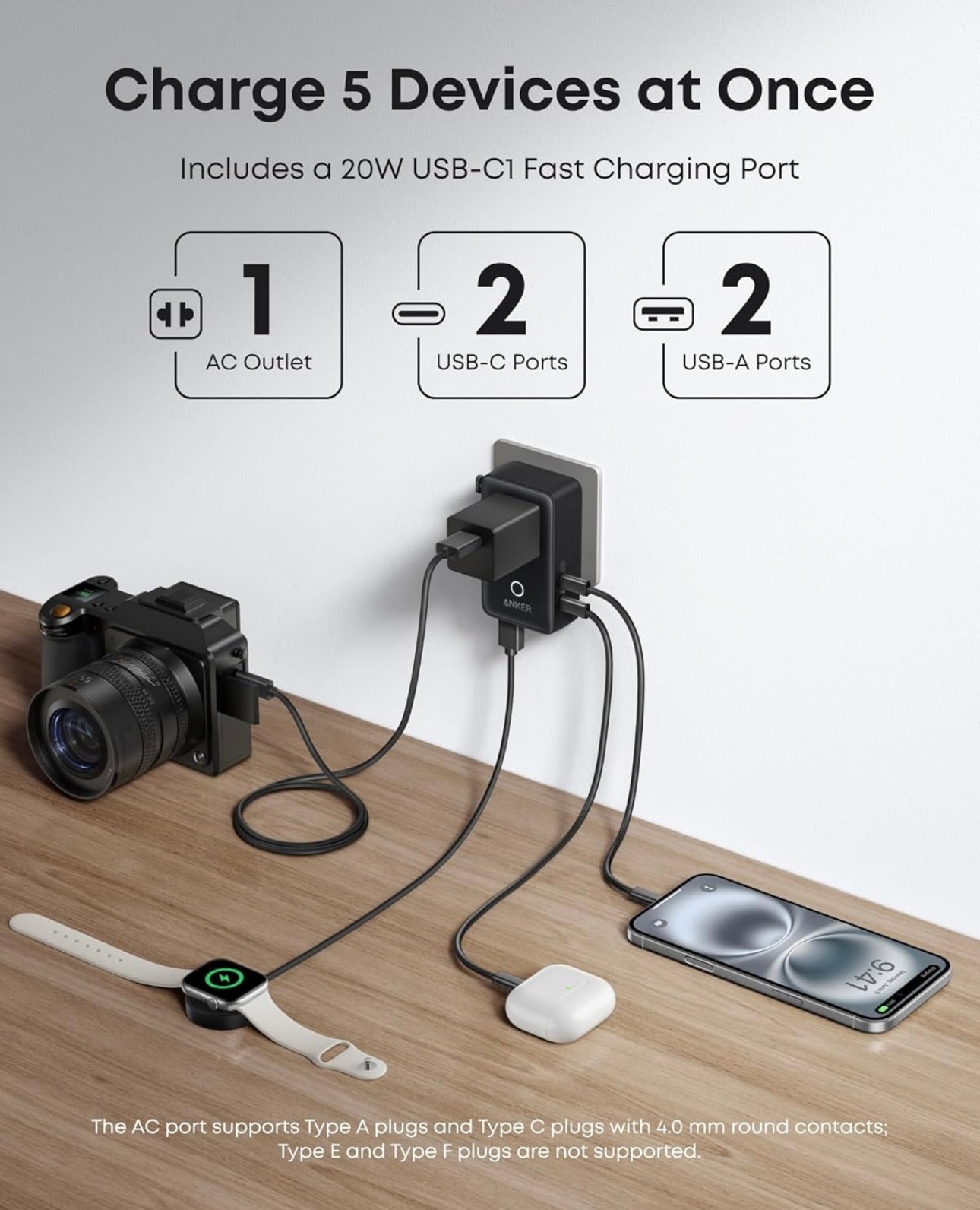 Anker Nano Travel Adapter, 5-Port Power Adapter with 1 AC, 2 USB-A, and 2 USB-C Ports - (1-Pack)