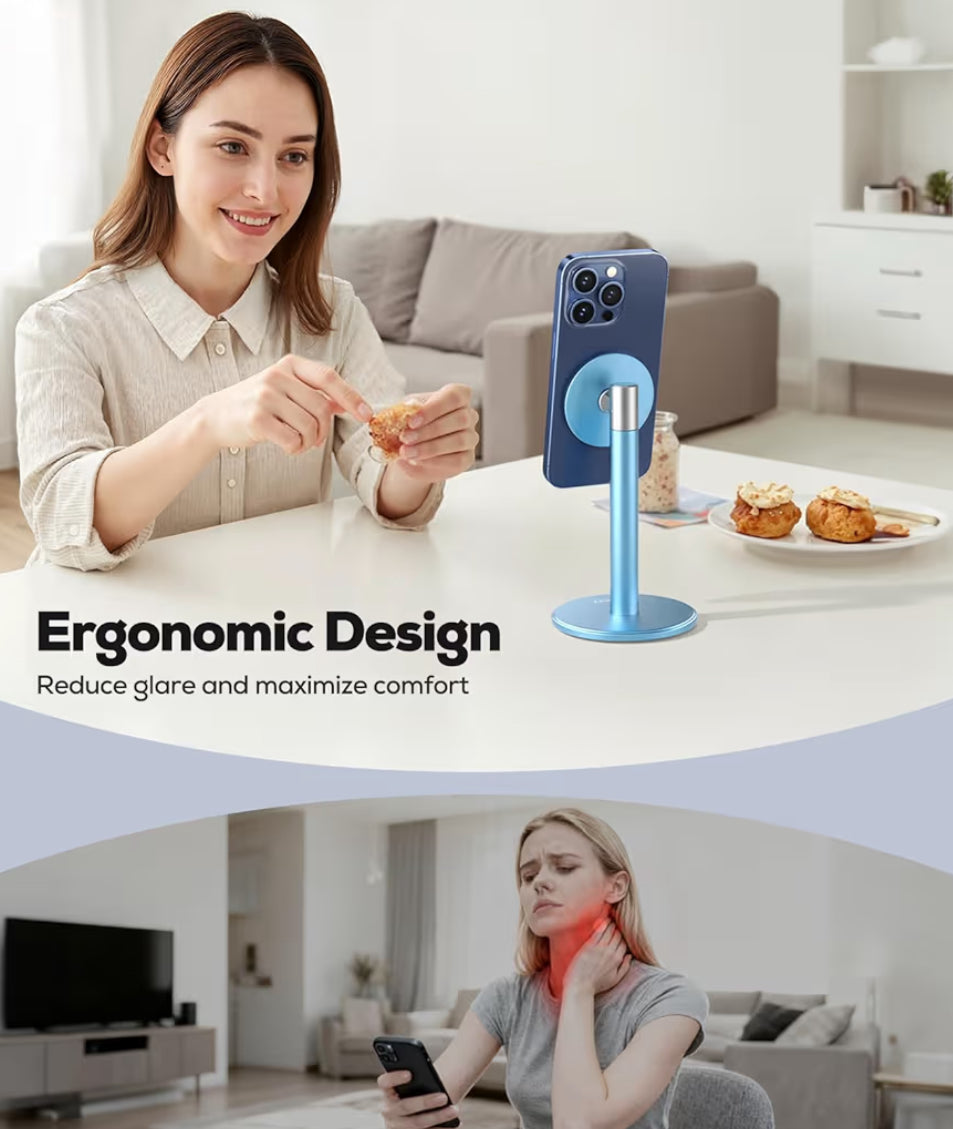Magnetiese Volledig Aluminium Foonstaander, 360° Draaibaar vir Lessenaar m/ Metaalring, Verstelbare Houer met MagSafe-tas - Blou