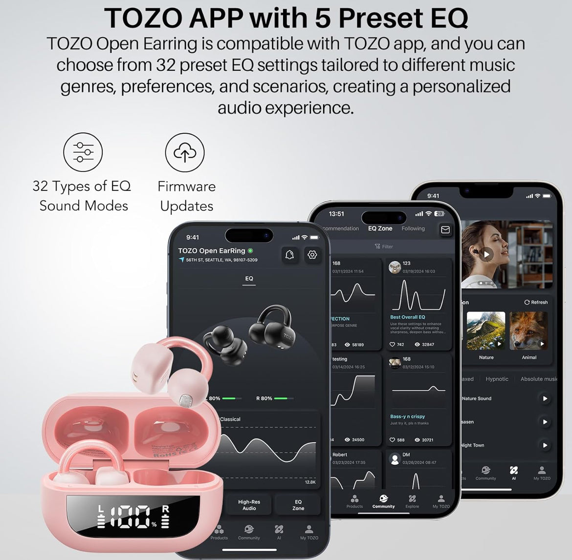 Open Ear Clip Earbuds, Lightweight Comfort 40H Play BT w/ Smart Digital Display - Pink