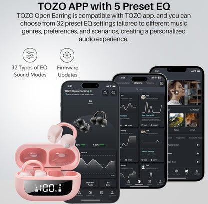Open Ear Clip Earbuds, Lightweight Comfort 40H Play BT w/ Smart Digital Display - Pink