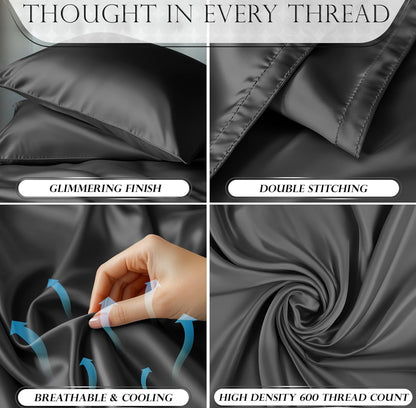 DECOLURE Satin Bed Sheets - 4 Piece Luxury Silky Queen Size Bedding Set - Softer Than Silk, Wrinkle-Free with 15” Deep Pocket Fitted Sheet, Perfect for Hair & Skin, Gifts for Women (Stone Grey)