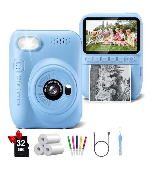 Instant Print Camera 3.0" HD 32MP Kids 1080P w/ 3 Rolls of Printer Paper 32GB SD Card (Blue)