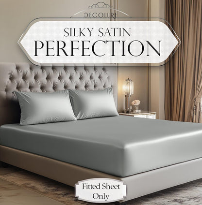 DECOLURE Satin Fitted Sheet Queen Size (1 PC) – Luxuriously Smooth & Softer Than Silk Bed Sheets w/ 15 Inch Deep Pocket Hypoallergenic Wrinkle Free, Secure Snug Fit, Elastic Corner Straps (Grey)