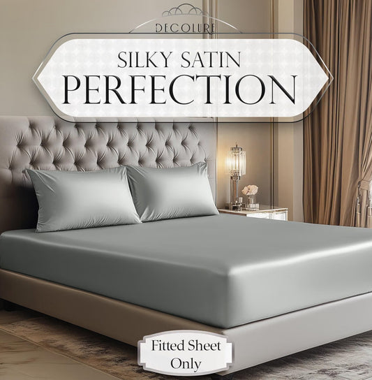 Satin Fitted Sheet Queen Size (1 PC) – Luxuriously Smooth & Softer Than Silk Bed Sheets w/ 15 Inch Deep Pocket Hypoallergenic Wrinkle Free, Secure Snug Fit, Elastic Corner Straps (Grey)