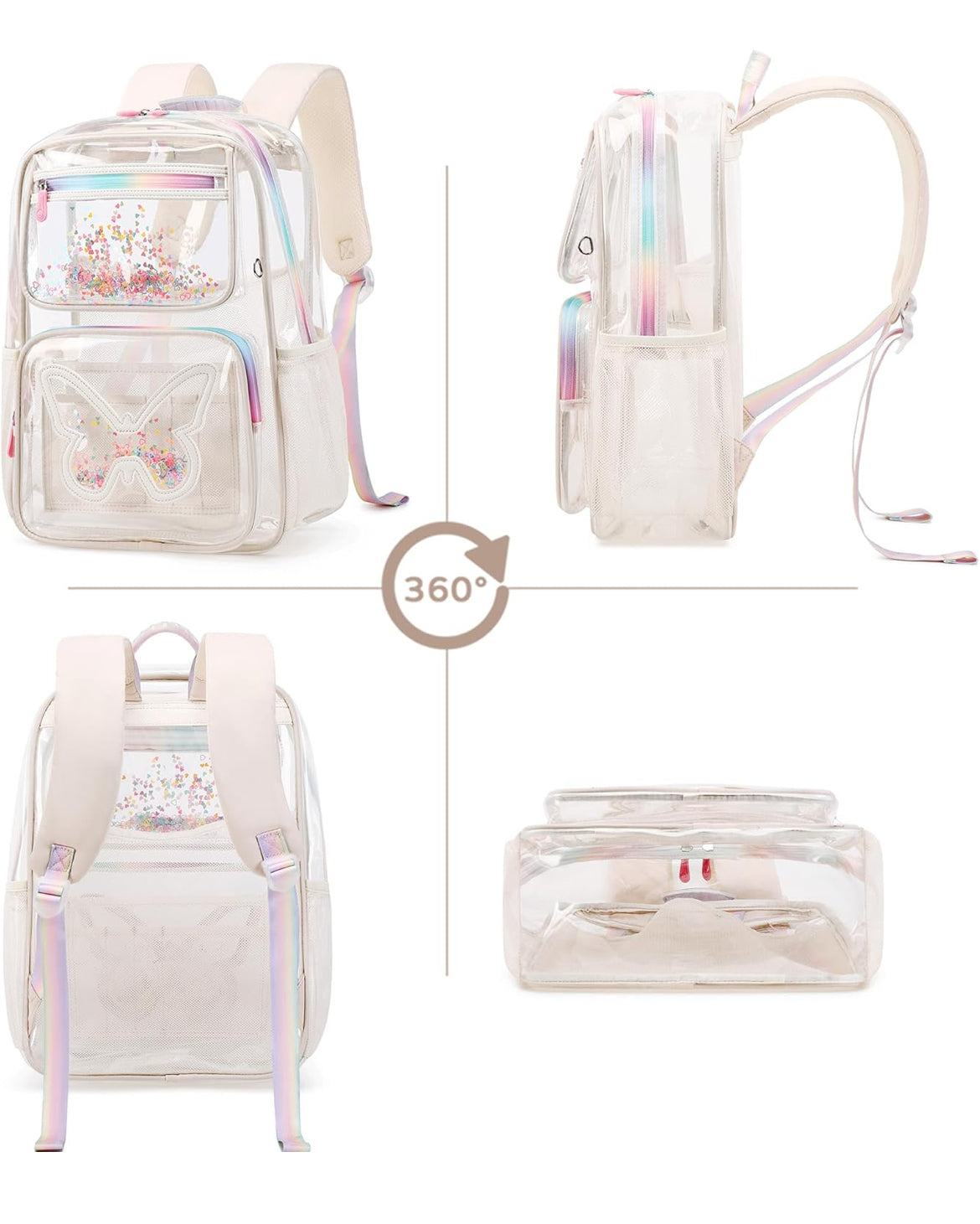 Girls Clear Backpack,2 PCS Large Backpacks Set,Heavy Duty Bookbag Stadium Approved Daypack Transparent Women Bag See Through Daypack for Kids Elementary Middle School Students Teens Sport Beige