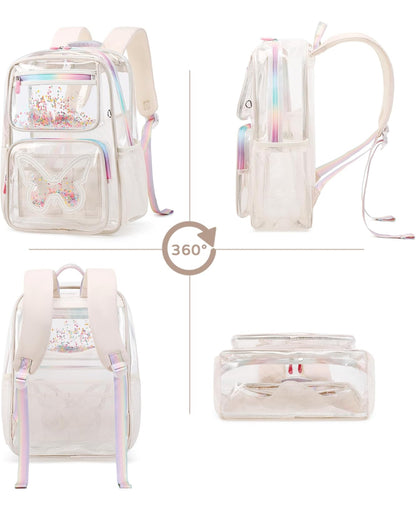 Girls Clear Backpack,2 PCS Large Backpacks Set,Heavy Duty Bookbag Stadium Approved Daypack Transparent Women Bag See Through Daypack for Kids Elementary Middle School Students Teens Sport Beige