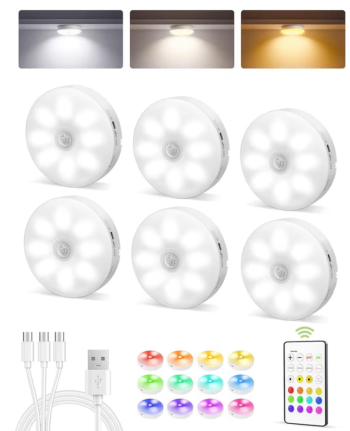 6-Pack Under Cabinet Lighting, Rechargeable Motion Sensor Puck Lights w/ Remote 12 RGB Colors, Magnetic Stick on Light, Dimmable