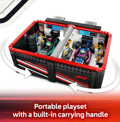 LEGO City F1 Motorhuis & Mercedes-AMG & Alpine Motorspeelgoed - Modelrenmotorbouwspeelgoed en Draagbare Speelstel F1-Versamelstuk - 60444