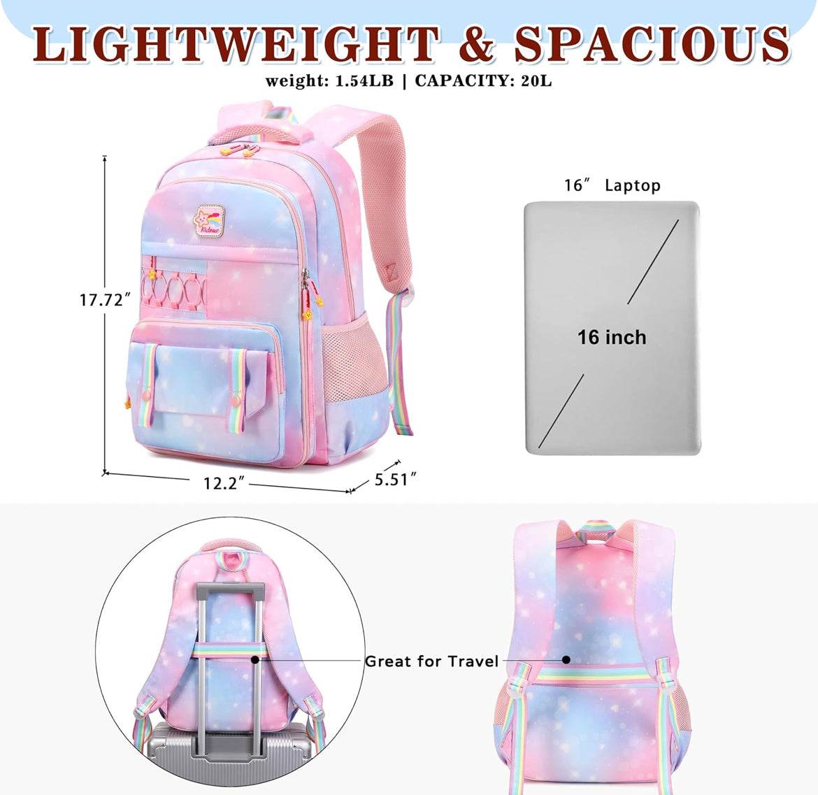 Girls Backpack 15.6 Inch Laptop School Bag Cute Kids Kindergarten Elementary Backpacks Middle Schoolbag Large Bookbags for Women Teens Students Anti Theft Travel Daypack (Pink)