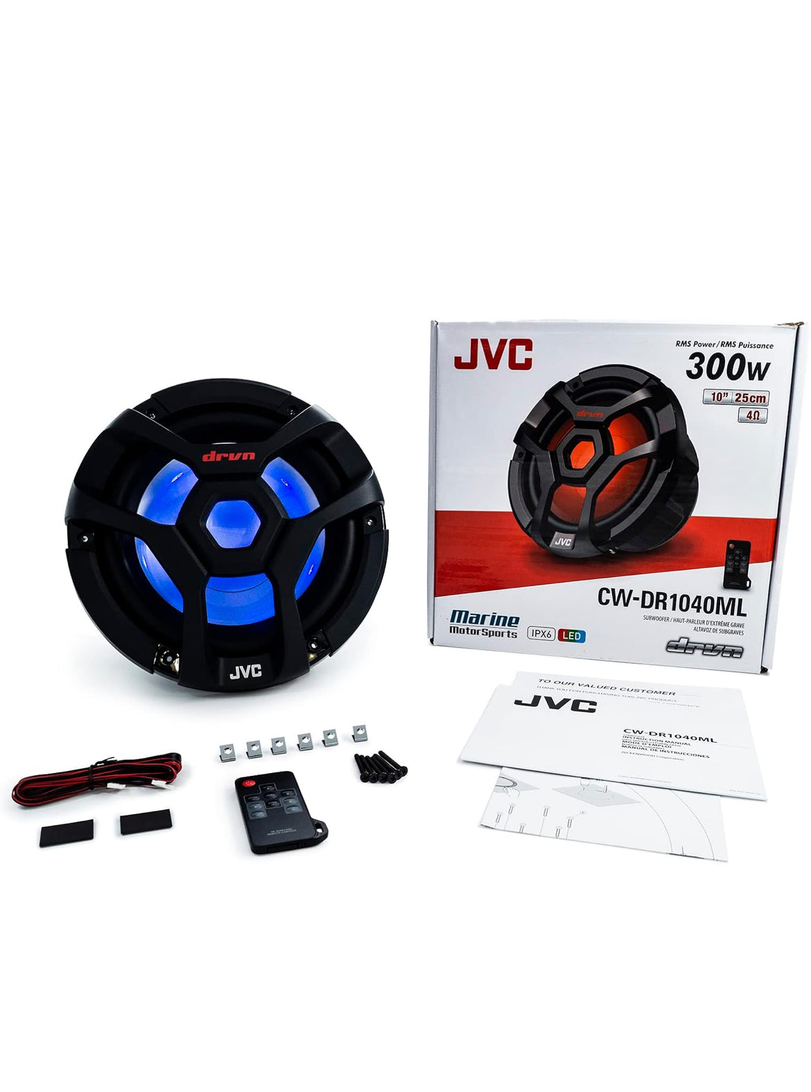 JVC CW-DR1040ML 10-duim RGB-beligting Buite Marine-/Motoroudio Subwoofer - 1 300 Watt Enkele Swart Waterdigte Bass Hardespreker vir Marine Stereoklankstelsel