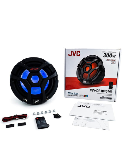JVC CW-DR1040ML 10-duim RGB-beligting Buite Marine-/Motoroudio Subwoofer - 1 300 Watt Enkele Swart Waterdigte Bass Hardespreker vir Marine Stereoklankstelsel